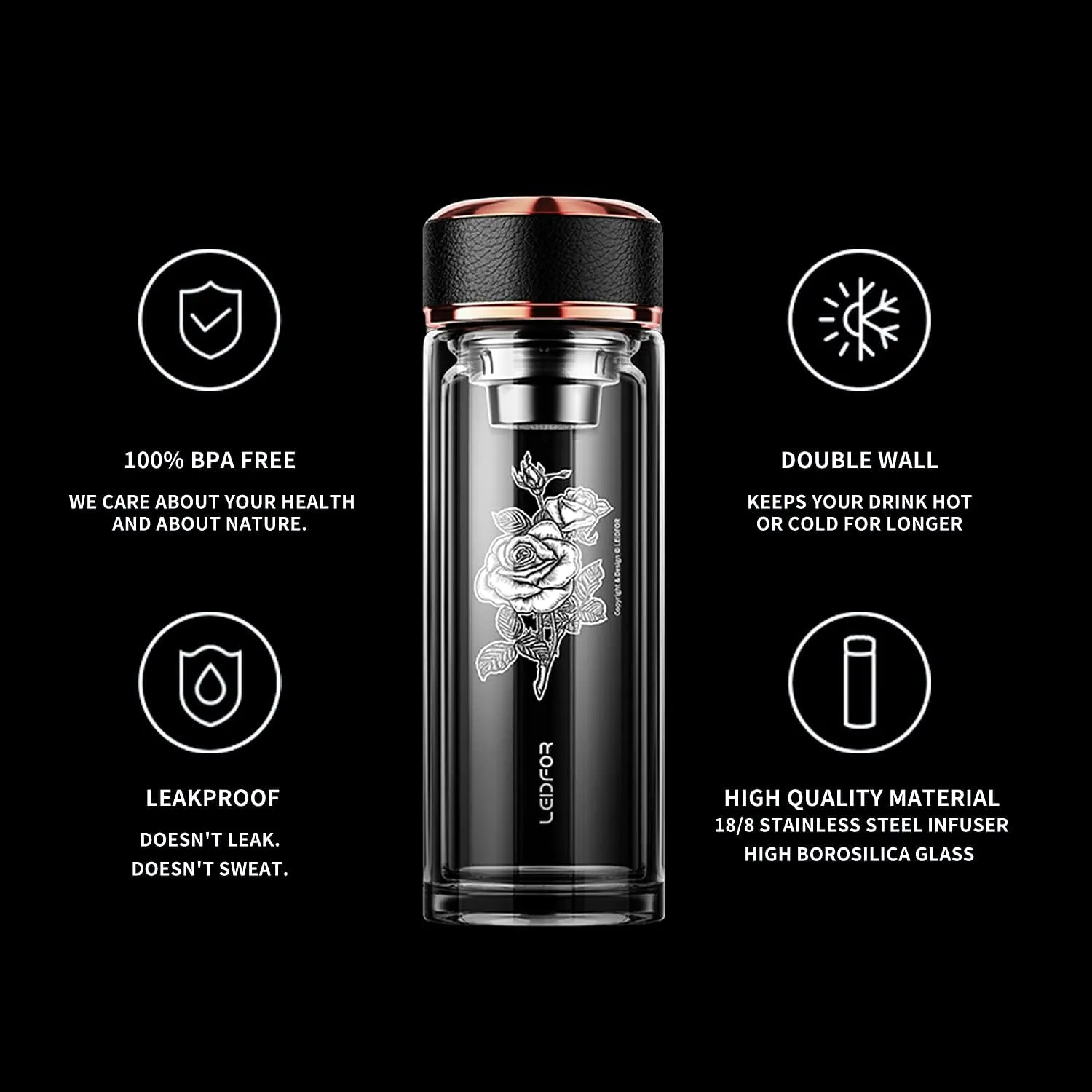 Tea Tumbler with Infuser - BPA Free Double Wall Glass Travel Tea Mug With Stainless Steel Filter - Leakproof Tea Bottle with Strainer for Loose Leaf Tea and Fruit Water 17 oz Rose