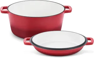 TeamFar 2-In-1 Enameled Cast Iron Dutch Oven, 5 Quart Dutch Oven Pot Cookware with Skillet Lid for Bread Baking Braising Stewing Roasting, Heavy-Duty & Nonstick, Oven Safe & Fit for Induction (Red)