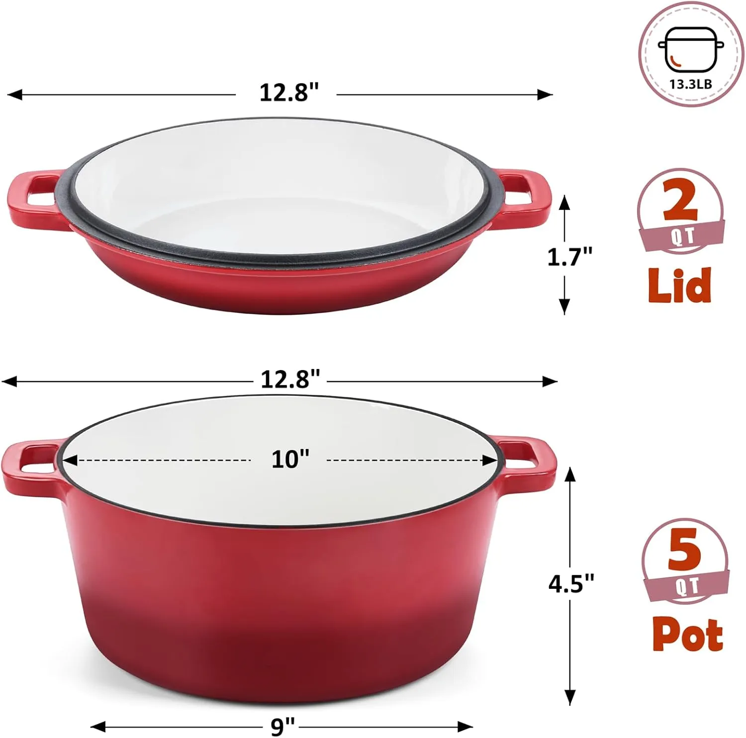TeamFar 2-In-1 Enameled Cast Iron Dutch Oven, 5 Quart Dutch Oven Pot Cookware with Skillet Lid for Bread Baking Braising Stewing Roasting, Heavy-Duty & Nonstick, Oven Safe & Fit for Induction (Red)