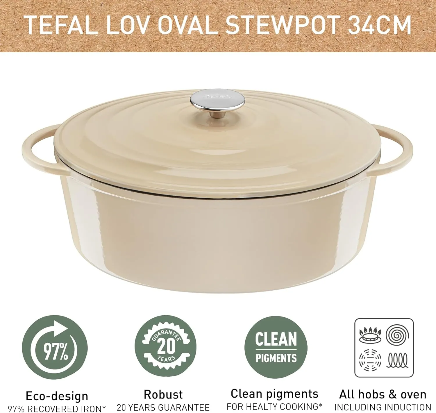 Tefal E25906 LOV Oval Roasting Dish 34 cm | Recovered Cast Iron | Optimal Heat Retention | Suitable for All Hobs | Suitable for Induction Cookers | Oven Safe up to 250 °C | Dishwasher Safe | Beige