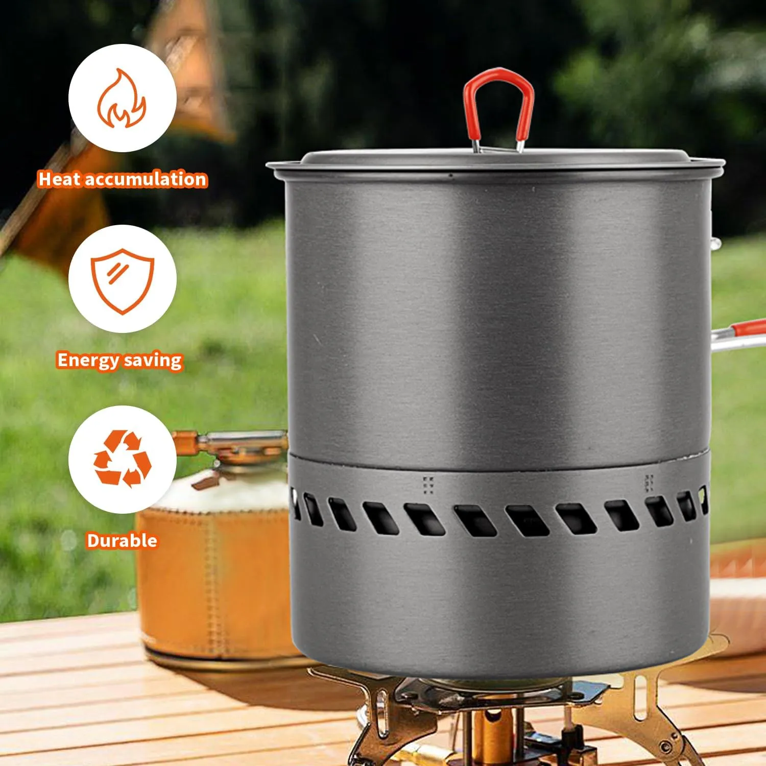 Tentock Outdoor Portable Heat Collecting Exchanger - 1L/1.5L/2.1L Camping Backpacking Hard Aluminum Pot with Folding Handle - Rapid Boil Billy Can with Compact Storage Mesh Pouch