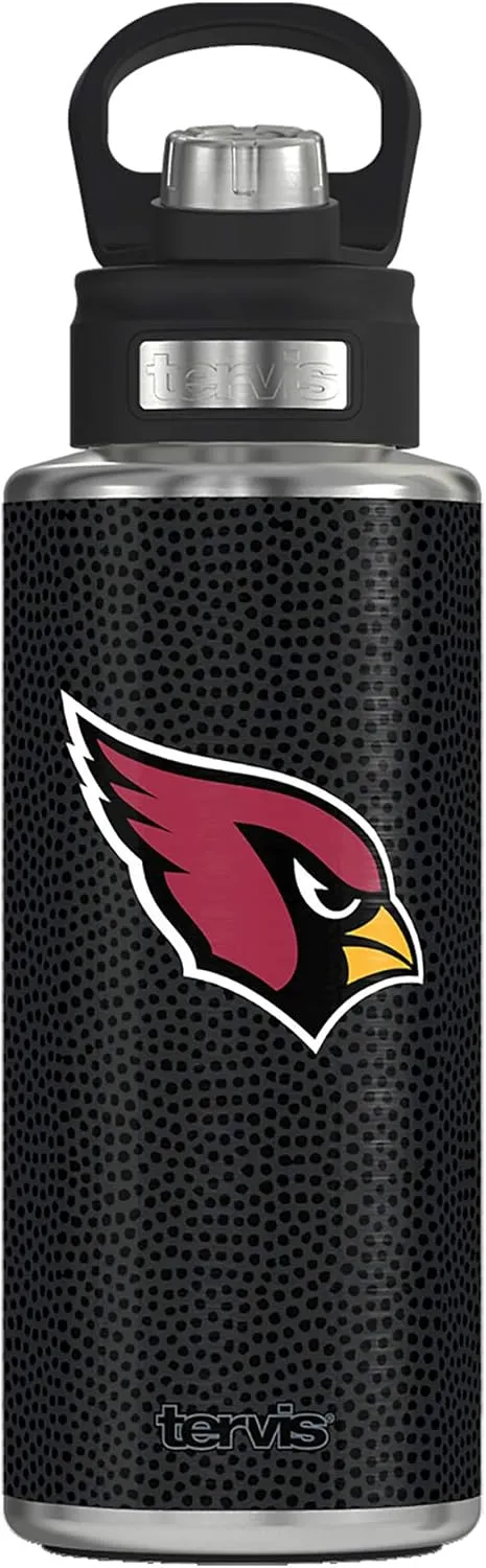 Tervis NFL Arizona Cardinals - Black Leather Triple Walled Insulated Tumbler Travel Cup Keeps Drinks Cold, 32oz Wide Mouth Bottle, Stainless Steel