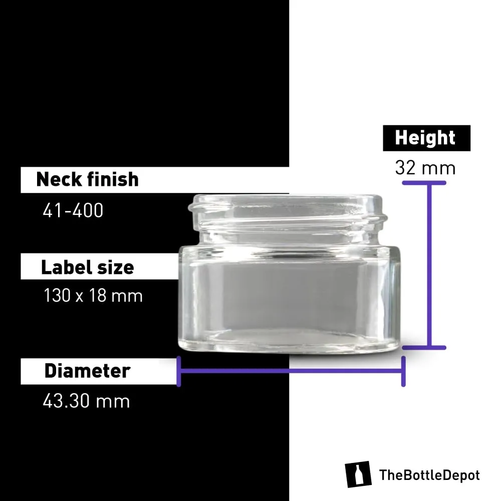 The Bottle Depot - 24 Pack - 0.5 oz Glass Jars with Black Lids - Clear - 41-400 Neck Finish - UV Rays Protection