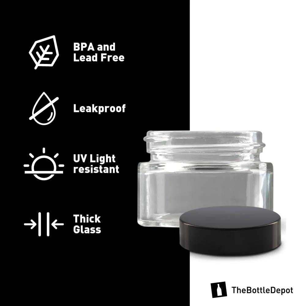 The Bottle Depot - 24 Pack - 0.5 oz Glass Jars with Black Lids - Clear - 41-400 Neck Finish - UV Rays Protection
