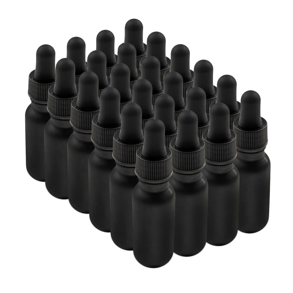 The Bottle Depot - Eye Dropper Bottle 0.5 oz - 24 Pack (15 ml Black Frosted Glass Dropper Bottles with Black Glass Pipette) Empty Tincture Bottles with Droppers - 18-400 Neck Finish