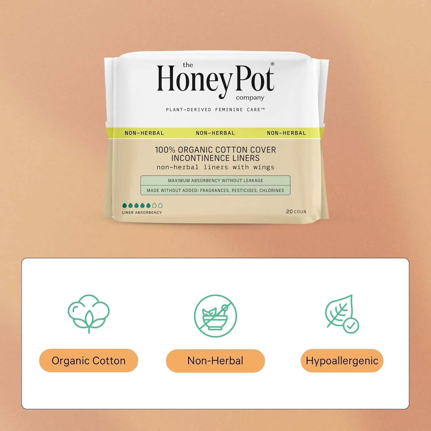The Honey Pot Company - Incontinence Pads for Women - 80ct - Non-Herbal Panty Liners - Bladder Leak Control - Organic Cotton Cover & Ultra-Absorbent Pulp Core - FSA & HSA Eligbible