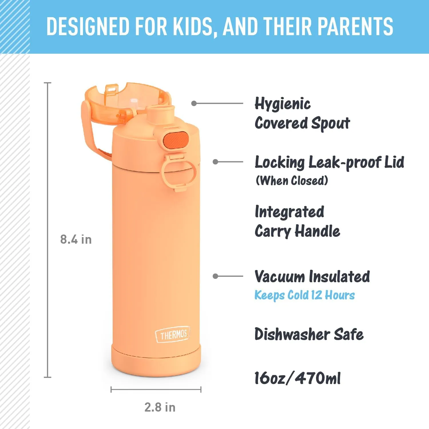 THERMOS FUNTAINER 16 Ounce Stainless Steel Vacuum Insulated Bottle with Wide Spout Lid, Orange