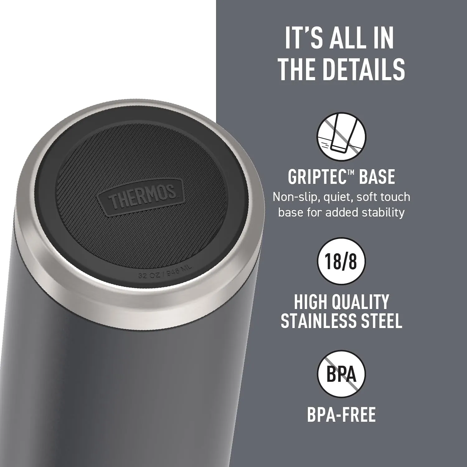 THERMOS ICON SERIES Stainless Steel Water Bottle with Screw Top Lid - 32 Ounce, Granite - Insulated Water Bottle with Lid