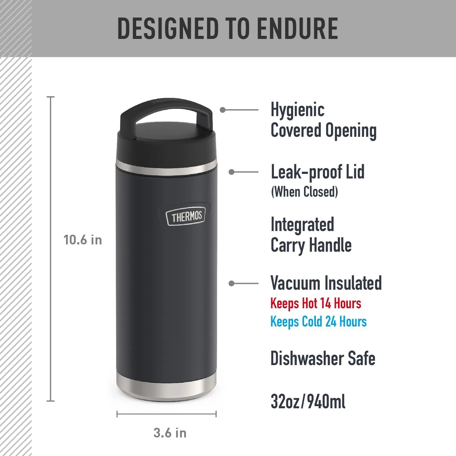 THERMOS ICON SERIES Stainless Steel Water Bottle with Screw Top Lid - 32 Ounce, Granite - Insulated Water Bottle with Lid