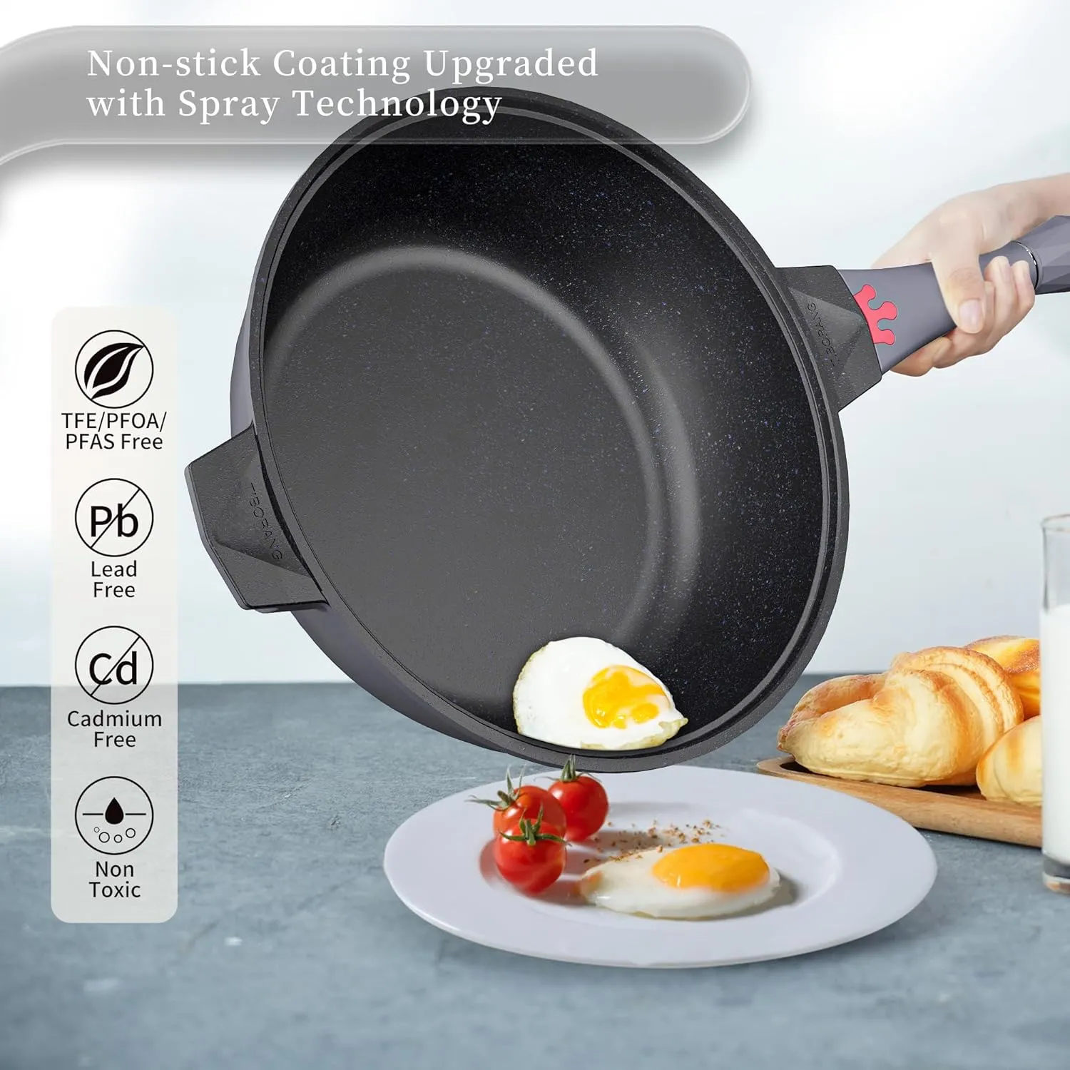 TIBORANG Nonstick Frying Pan, 5 Quart Large Wok, Deep Skillet With Lid, Stay-Cool Handle, Steamed Grid, PFOA-Free, Dishwasher & Oven Safe, Works With All Stovetops (Charcoal)