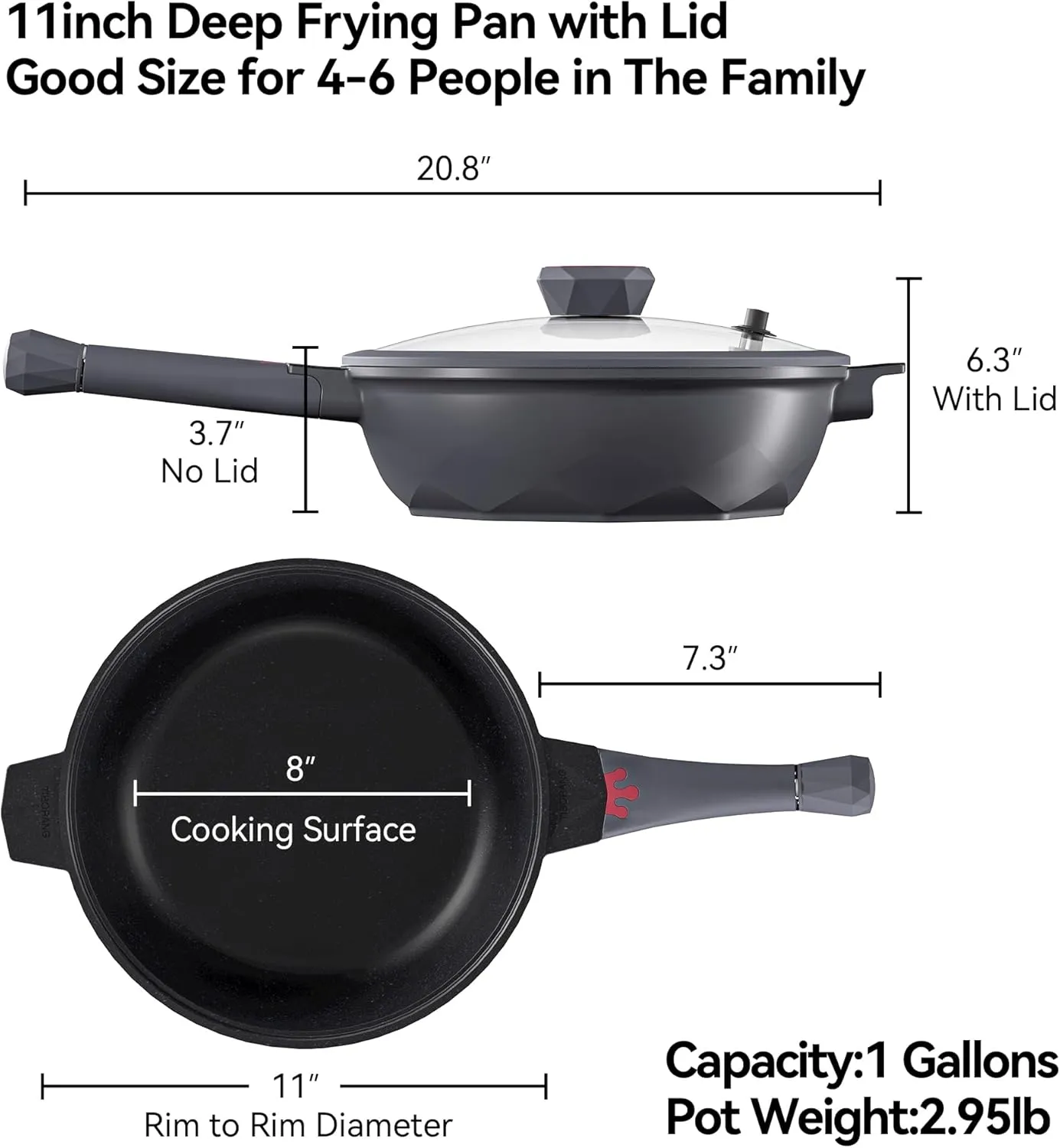 TIBORANG Nonstick Frying Pan, 5 Quart Large Wok, Deep Skillet With Lid, Stay-Cool Handle, Steamed Grid, PFOA-Free, Dishwasher & Oven Safe, Works With All Stovetops (Charcoal)