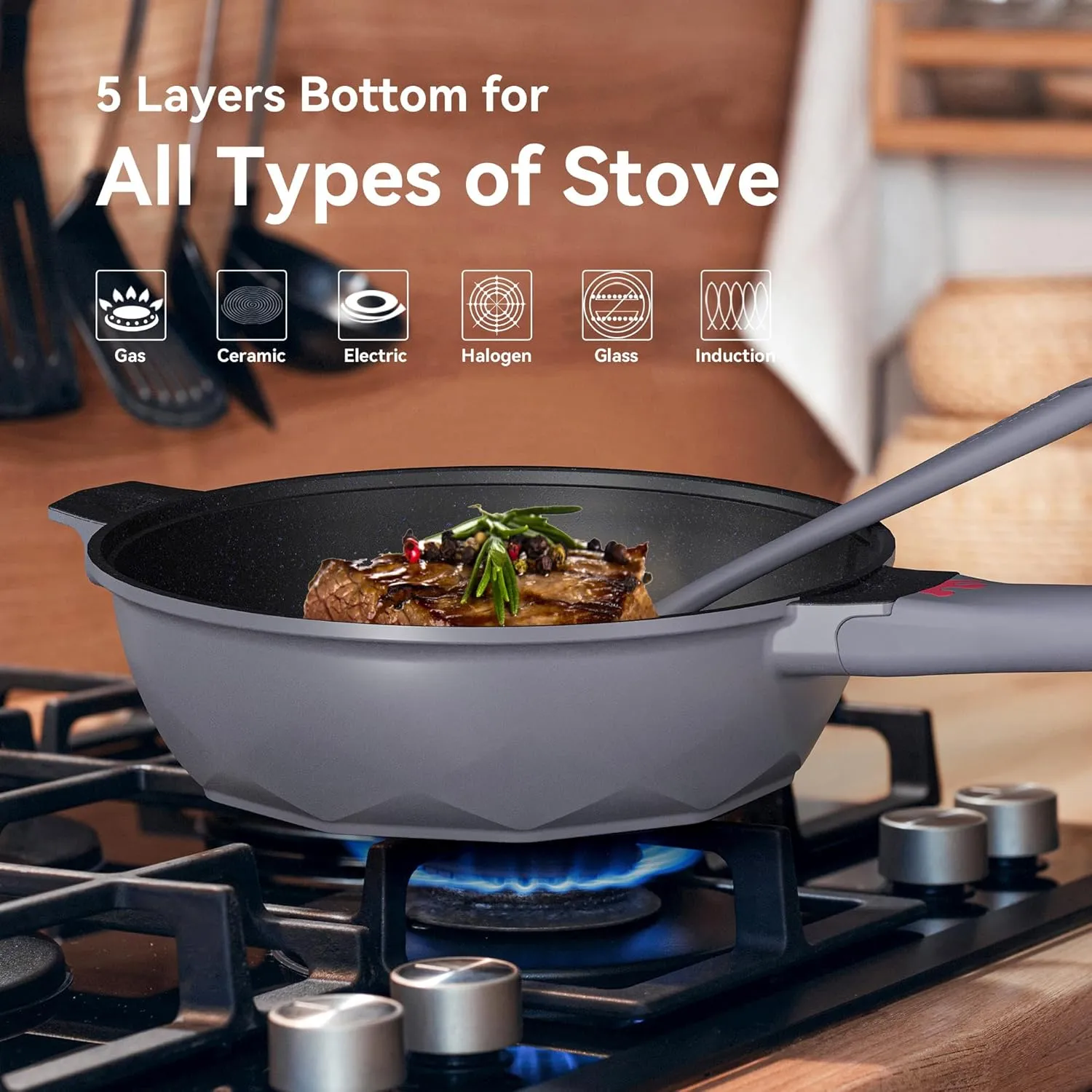 TIBORANG Nonstick Frying Pan, 5 Quart Large Wok, Deep Skillet With Lid, Stay-Cool Handle, Steamed Grid, PFOA-Free, Dishwasher & Oven Safe, Works With All Stovetops (Charcoal)