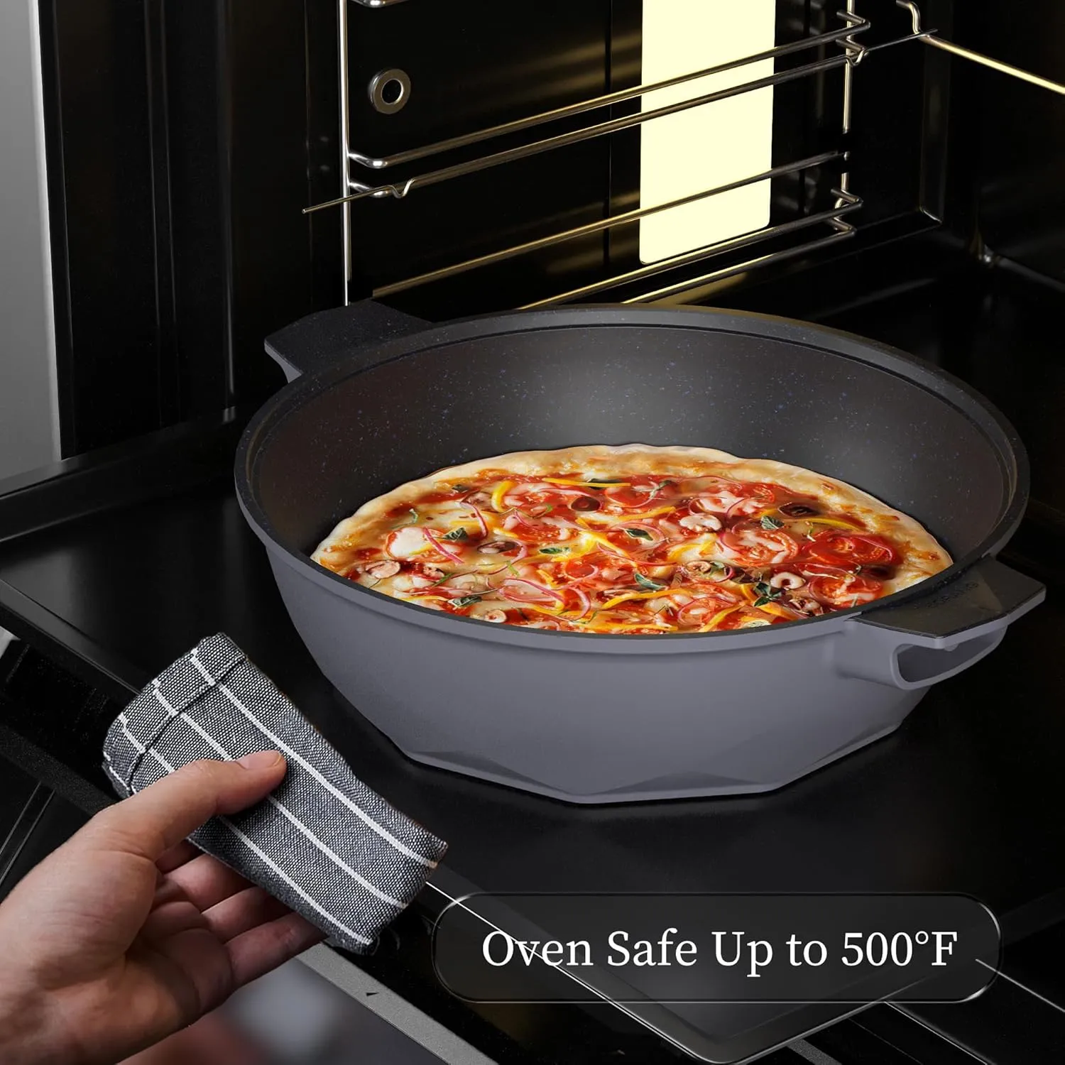 TIBORANG Nonstick Frying Pan, 5 Quart Large Wok, Deep Skillet With Lid, Stay-Cool Handle, Steamed Grid, PFOA-Free, Dishwasher & Oven Safe, Works With All Stovetops (Charcoal)