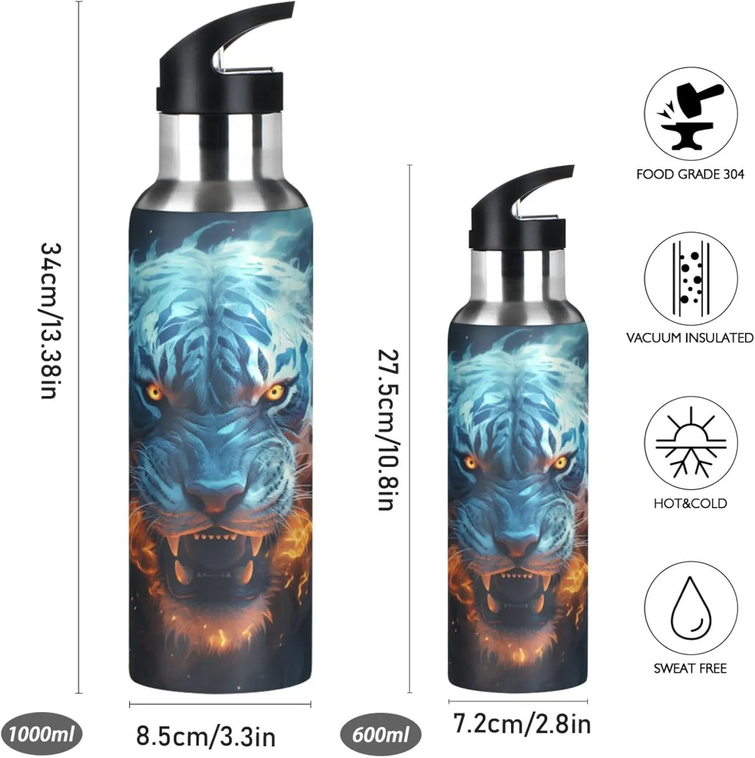 Tiger Cool Fire Flame Art Sport Water Bottle Insulated Stainless Steel Large Vacuum Flask Leak Proof Thermos with Straw for Travel(600ml/1000ml)