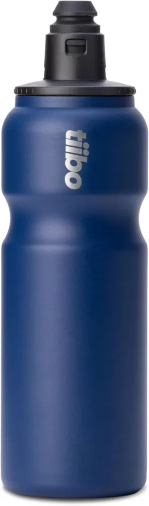 tiibo Vacuum Insulated Stainless Steel Bike Water Bottle, Double Wall, No-Squeeze, Fast Flow Sport Nozzle, Designed for Cycling, Biking, Fitness & Sports, Fits Most Bike Cages (Blue, 17OZ)