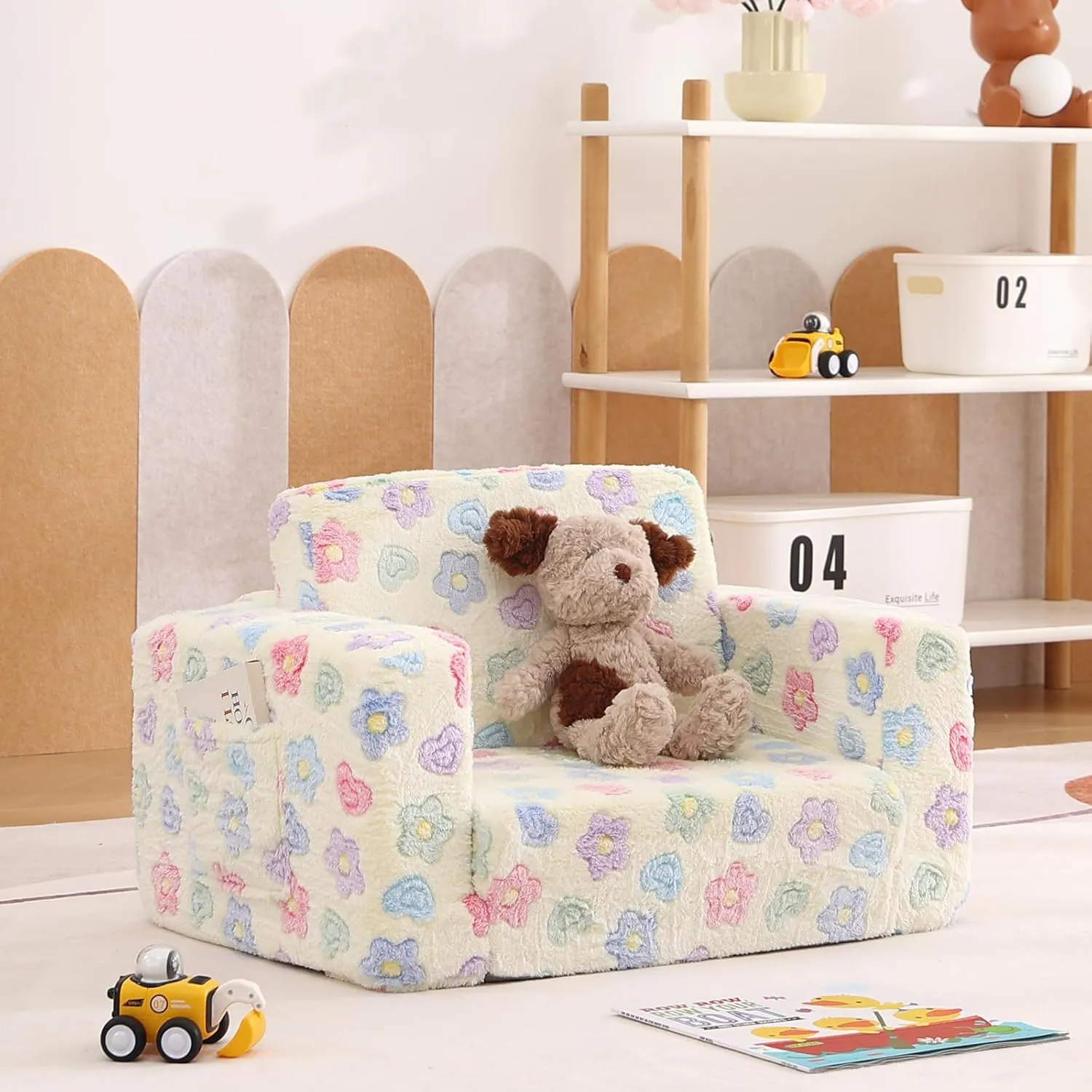 Tiita 2-in-1 Kids Sofa, Convertible Children Couch to Lounger, Flip Out Kids Chair, Toddler Armrest Chair Bed, Folding Kid Play Sofa for Girl or Boy, Flower