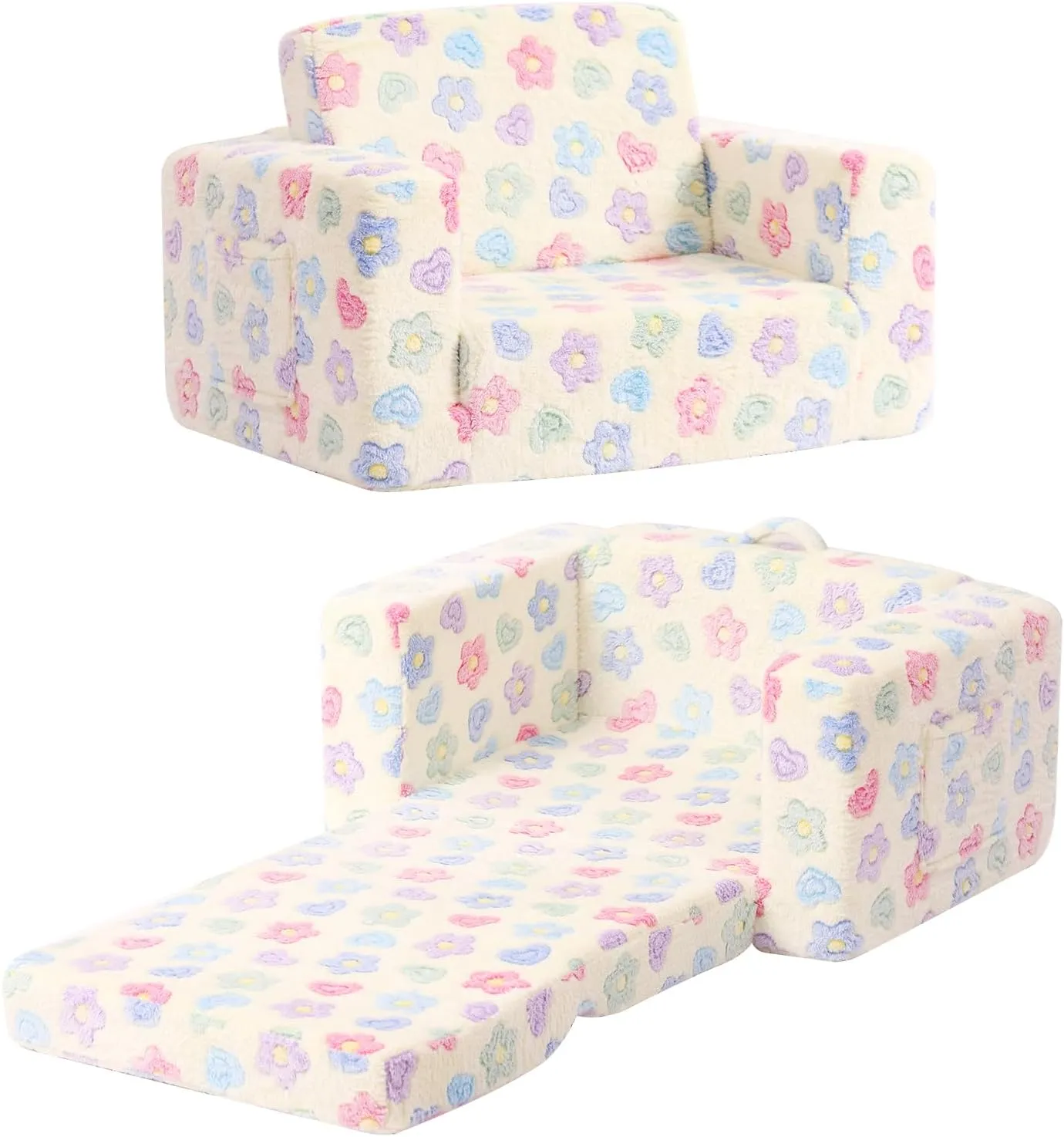 Tiita 2-in-1 Kids Sofa, Convertible Children Couch to Lounger, Flip Out Kids Chair, Toddler Armrest Chair Bed, Folding Kid Play Sofa for Girl or Boy, Flower