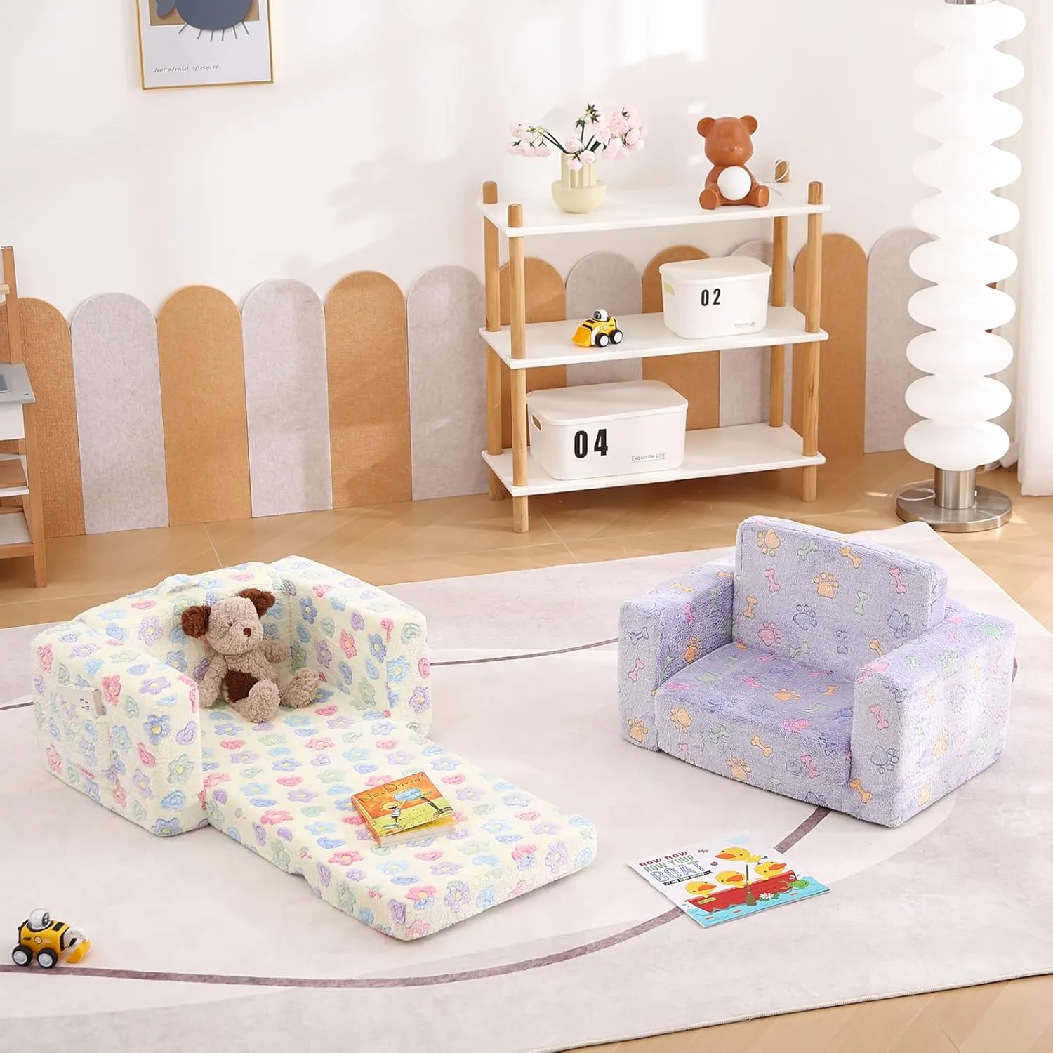 Tiita 2-in-1 Kids Sofa, Convertible Children Couch to Lounger, Flip Out Kids Chair, Toddler Armrest Chair Bed, Folding Kid Play Sofa for Girl or Boy, Flower