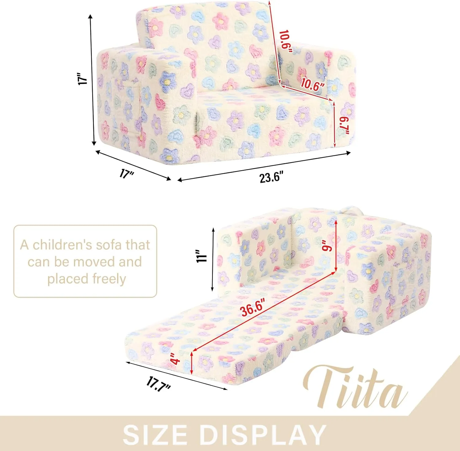 Tiita 2-in-1 Kids Sofa, Convertible Children Couch to Lounger, Flip Out Kids Chair, Toddler Armrest Chair Bed, Folding Kid Play Sofa for Girl or Boy, Flower