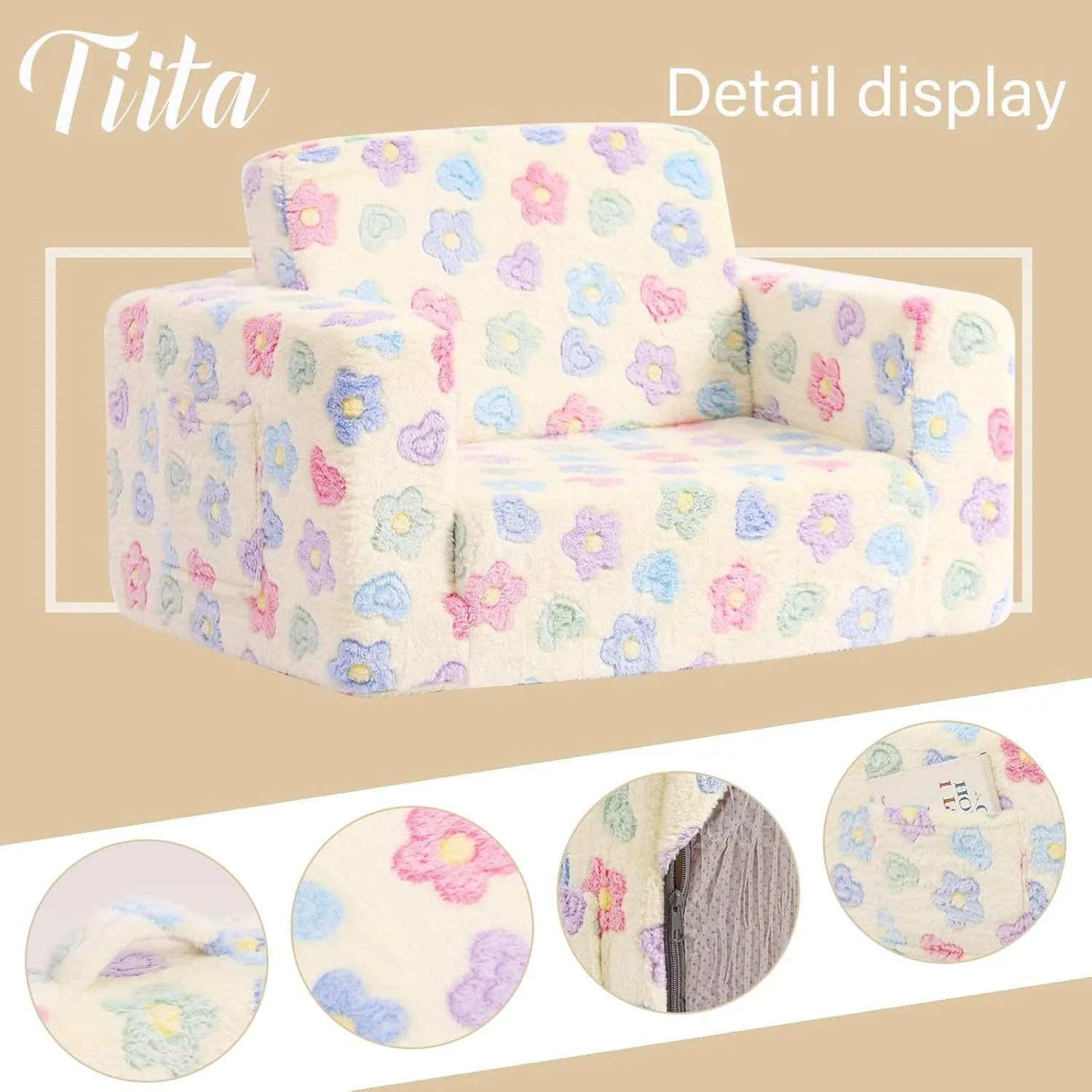 Tiita 2-in-1 Kids Sofa, Convertible Children Couch to Lounger, Flip Out Kids Chair, Toddler Armrest Chair Bed, Folding Kid Play Sofa for Girl or Boy, Flower