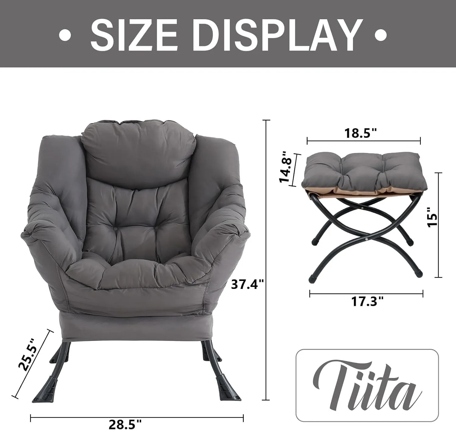 Tiita Lazy Chair with Ottoman, Modern Large Accent Lounge Chair, Leisure Sofa Armchair with Ottoman, Reading Chair with Footrest for Bedroom, Living Room, Dorm Rooms, Garden