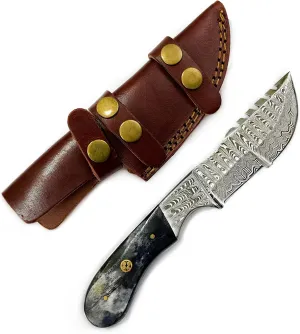 Titan International Knives Damascus Hunting and Camping Knife | Fixed Blade Survival Knive Handmade 1095 4340 Carbon Mix Hand Pounded | Bolster and Dyed Bone Handle with Leather Sheath Perfect for Outdoors