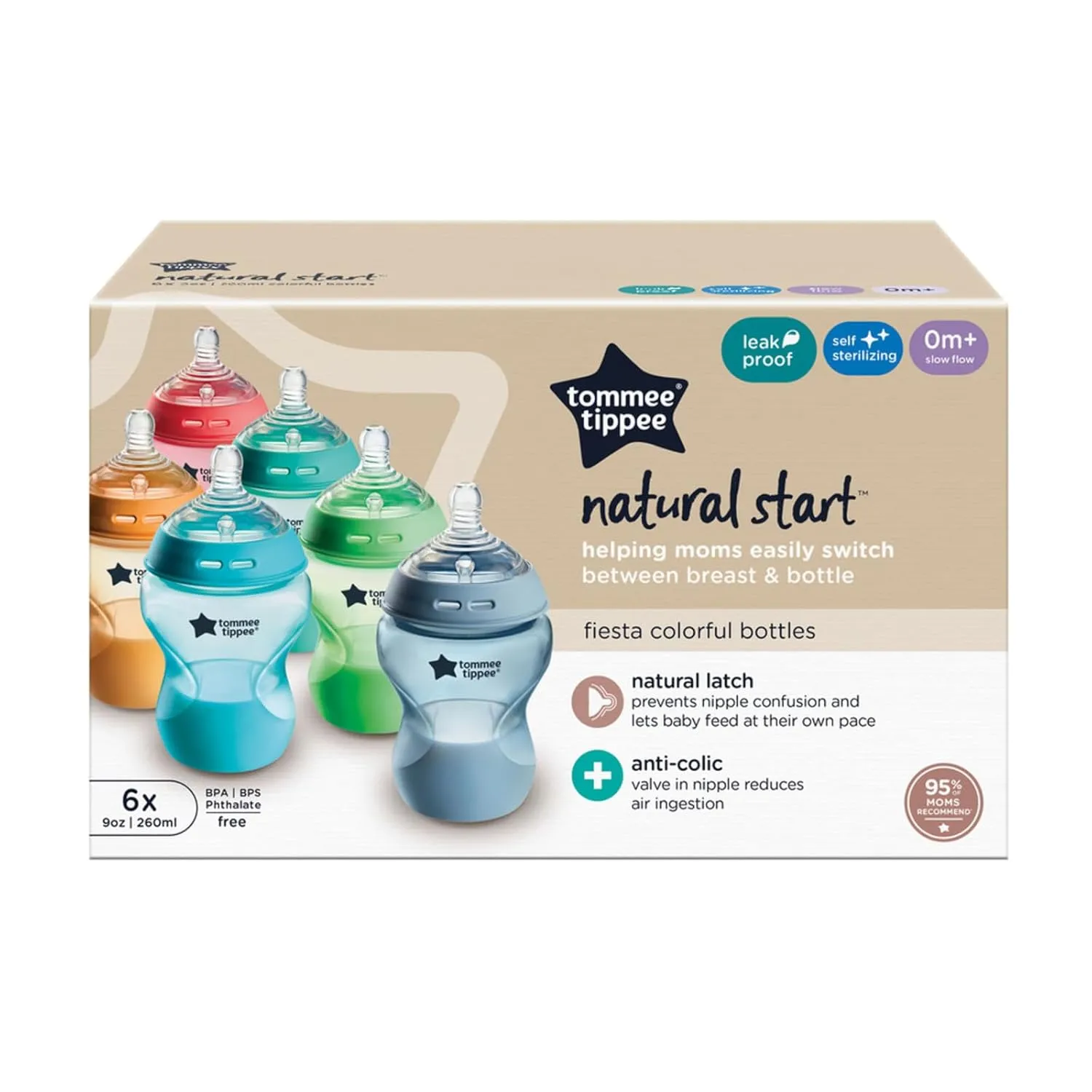 Tommee Tippee Natural Start Anti-Colic BPA Free Baby Bottles, 9oz, Slow-Flow Breast-Like Nipple for a Natural Latch, Designed for Seamless Transitions Between Bottle and Breast, Fiesta, Pack of 6