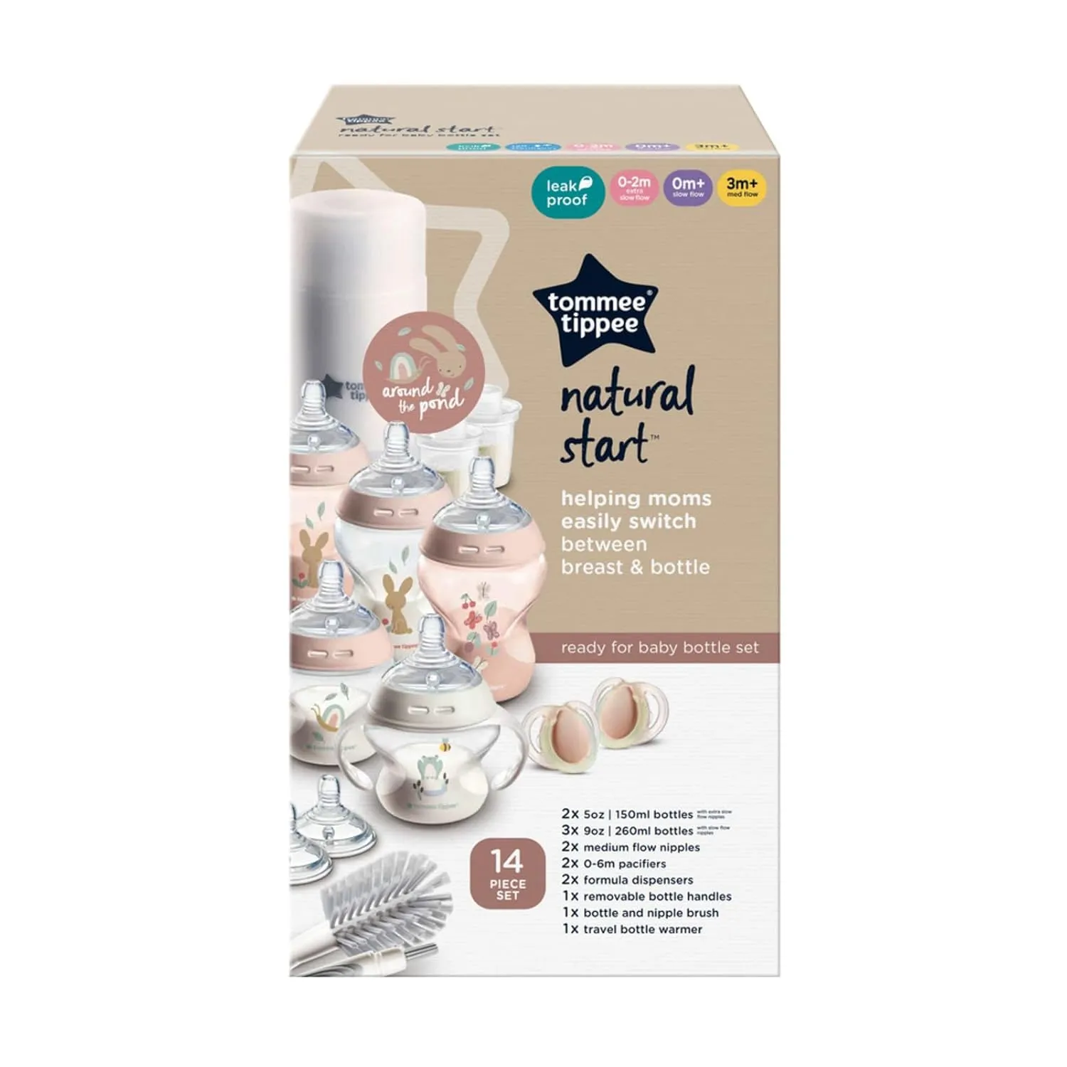 Tommee Tippee Natural Start Ready for Baby BPA Free Bottle 14 Piece Set, 2 x 5oz and 3 x 9oz Anti-Colic Bottles, Slow and Medium Flow Nipples, 0-6 Month Pacifiers, Pink