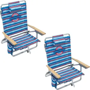 Tommy Bahama 2-Pack 5-Position Classic Lay Flat Backpack Beach Chair with Cooler and Cup Holder, Portable Folding Beach Chair for Tanning, Red/White/Blue