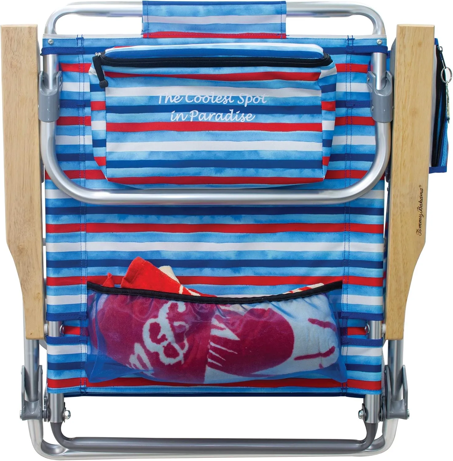 Tommy Bahama 2-Pack 5-Position Classic Lay Flat Backpack Beach Chair with Cooler and Cup Holder, Portable Folding Beach Chair for Tanning, Red/White/Blue