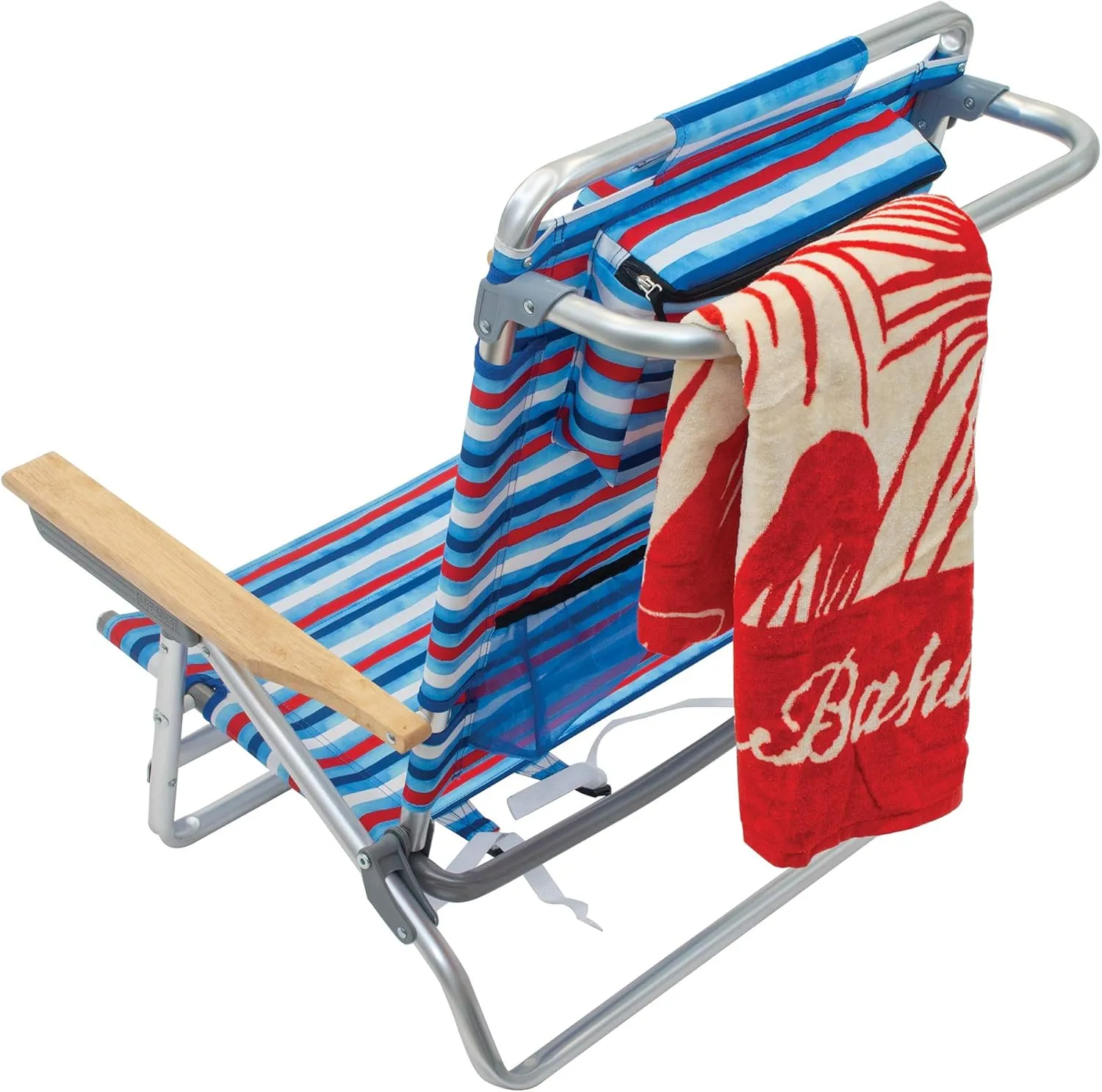 Tommy Bahama 2-Pack 5-Position Classic Lay Flat Backpack Beach Chair with Cooler and Cup Holder, Portable Folding Beach Chair for Tanning, Red/White/Blue