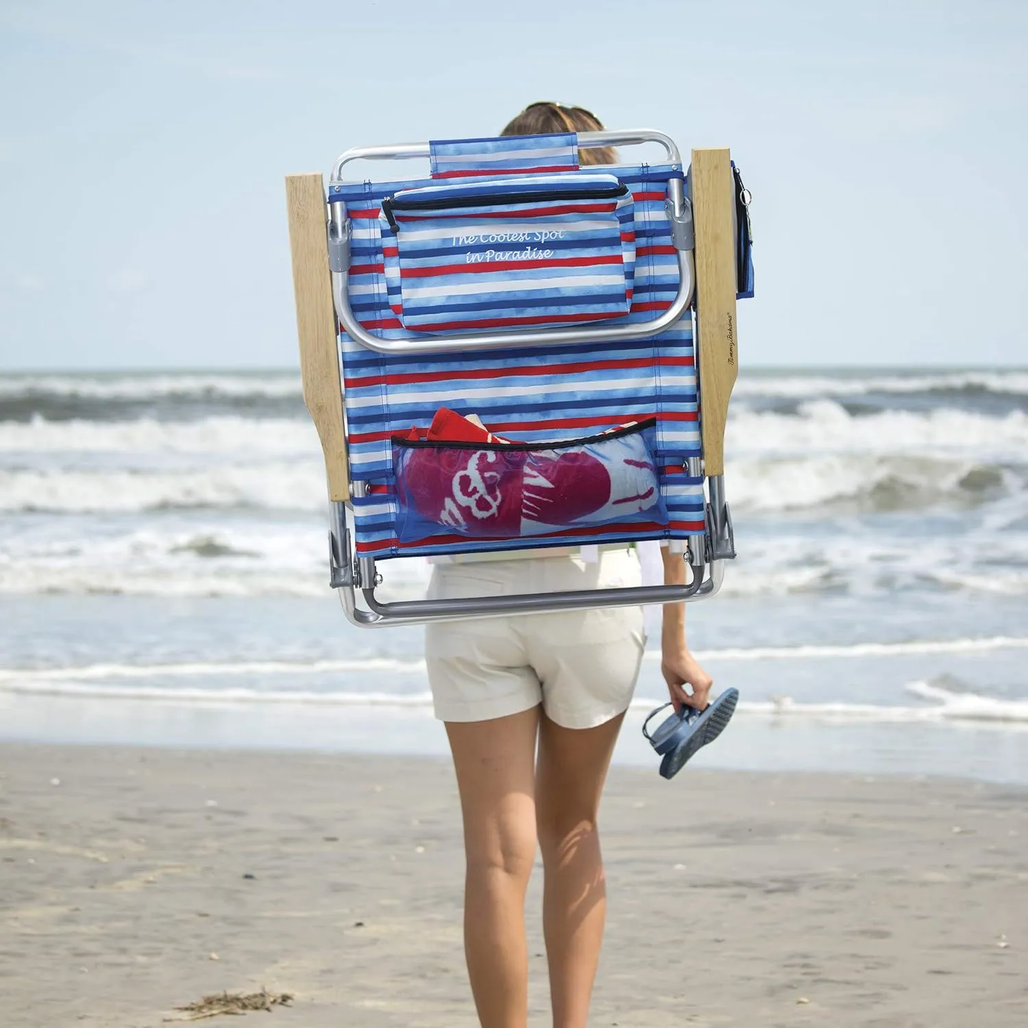 Tommy Bahama 2-Pack 5-Position Classic Lay Flat Backpack Beach Chair with Cooler and Cup Holder, Portable Folding Beach Chair for Tanning, Red/White/Blue