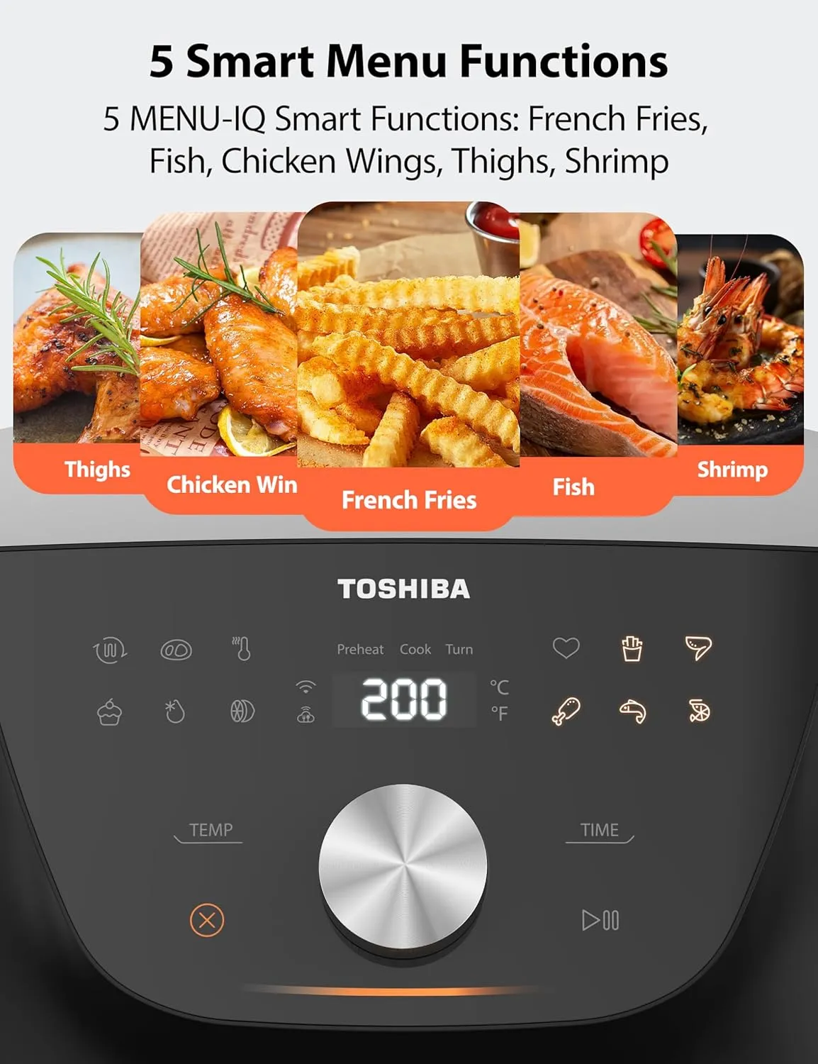 Toshiba 7.7QT Air Fryer, Family-Size for Quick and Easy Meals, 12 Preset Menus and Menu-IQ Function, 1°F Precision, 90% less fat, Double-sided Handles Easy Carrying