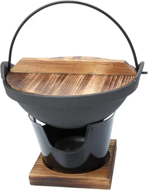 Traditional Japanese Camping Pot Cast Iron Shabu Shabu Non-stick Cooking Pot Wood Cover