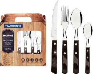 Tramontina Cutlery Set with Steak Knives, 24 Piece Sharp Knife, Forks, Teaspoons, Tablespoons with Wooden Handles, ‎Camping, Kitchen, Rustic, Dishwasher Safe, 21199905