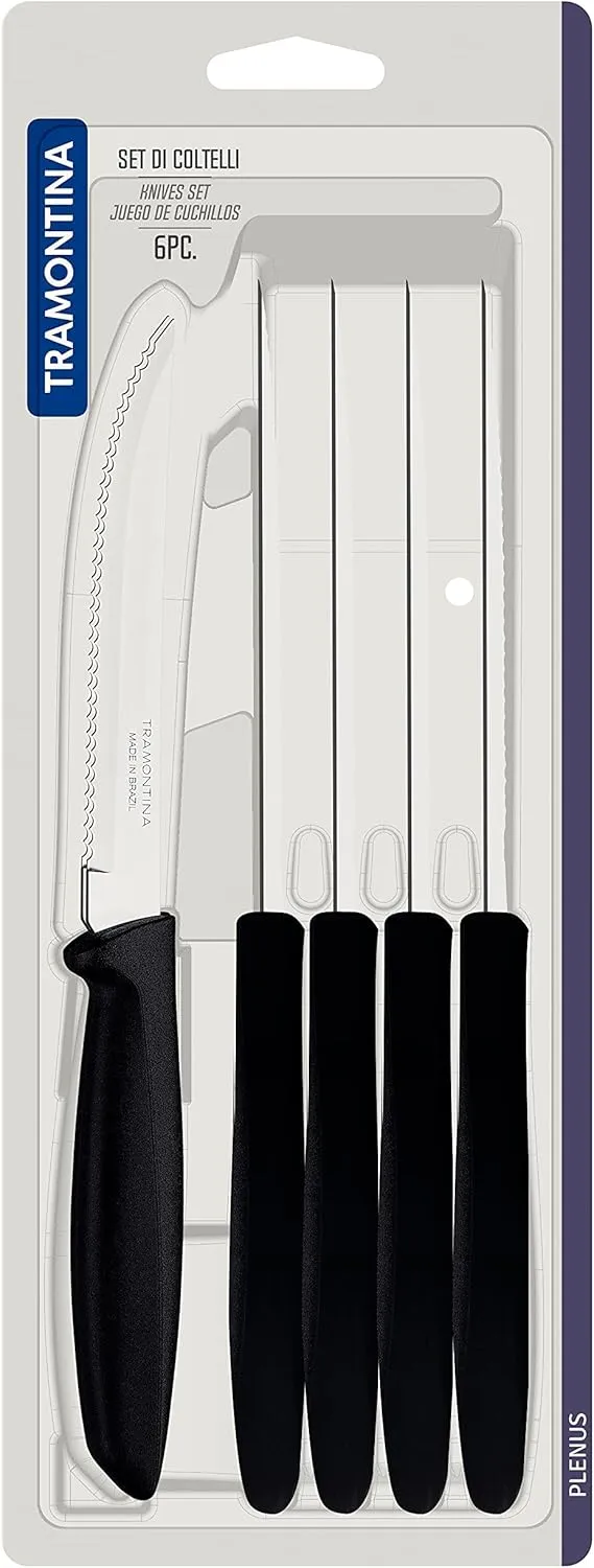 Tramontina Kitchen Knives Set of 6, Serrated Fruit Tomato Cooking Knife, Vegetable Chopper Peeler, Stainless Steel, Multipurpose, Pointed Tip, Black, 23498054