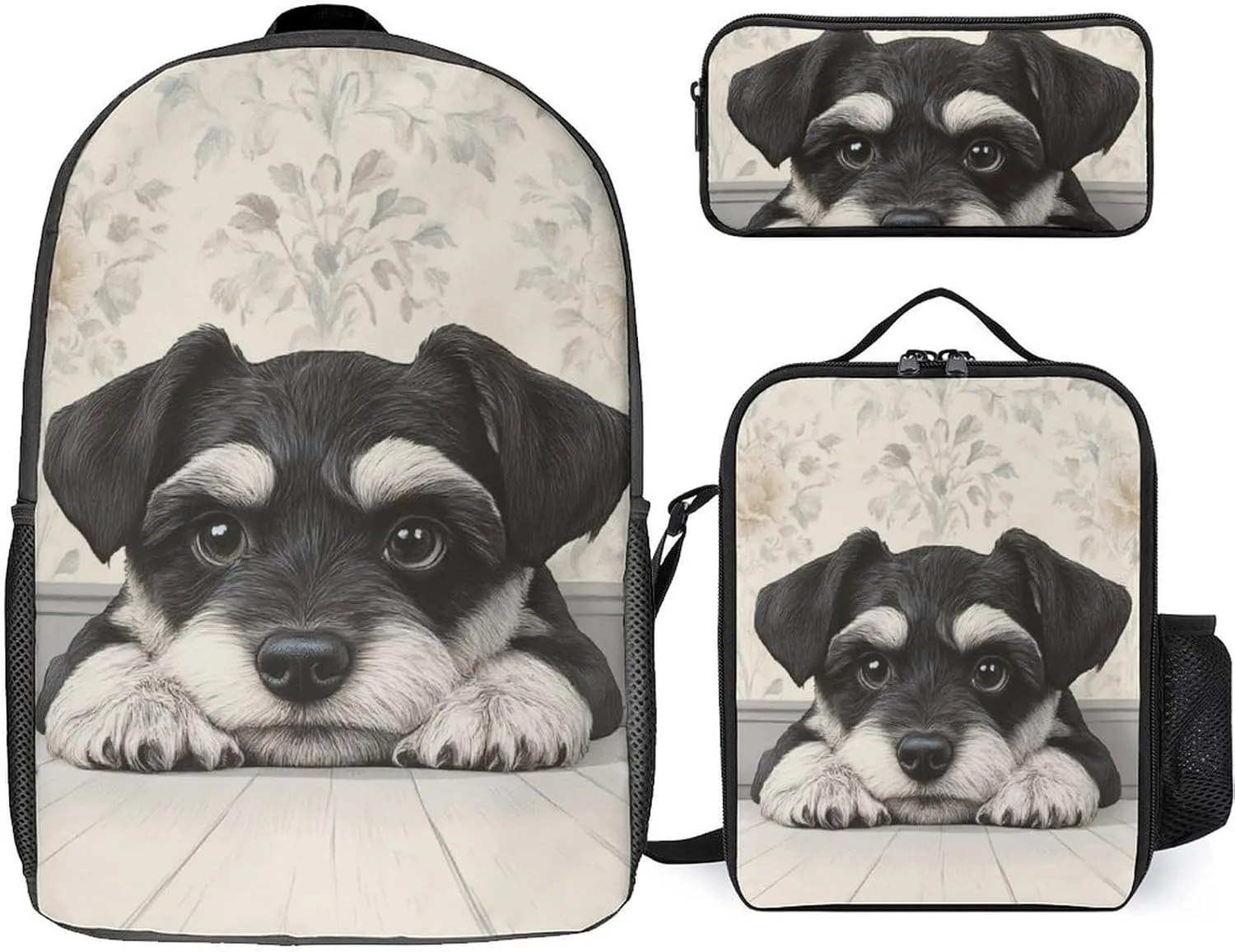 Travel Laptop Backpack Set, 3 Pieces Casual Bookbag with Lunch Bag Pencil Bag Schnauzer Cute Dog 17 inch Daypack Insulated Lunchbox Mekup Bag