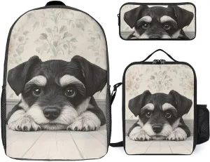 Travel Laptop Backpack Set, 3 Pieces Casual Bookbag with Lunch Bag Pencil Bag Schnauzer Cute Dog 17 inch Daypack Insulated Lunchbox Mekup Bag