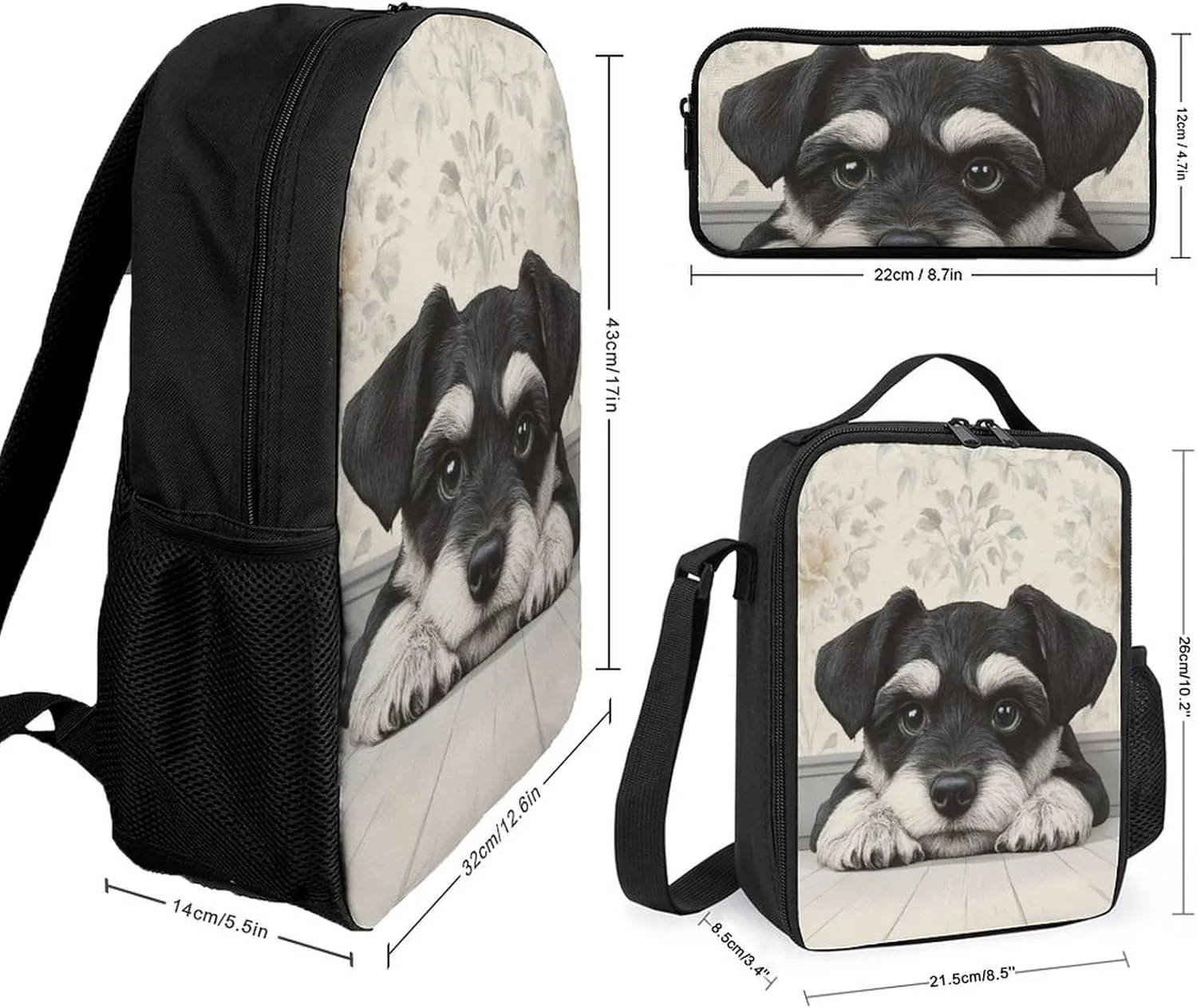 Travel Laptop Backpack Set, 3 Pieces Casual Bookbag with Lunch Bag Pencil Bag Schnauzer Cute Dog 17 inch Daypack Insulated Lunchbox Mekup Bag