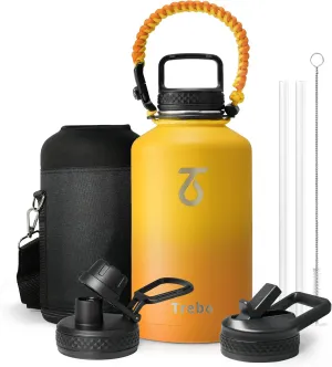 Trebo Insulated Water Bottle 64 oz, Half Gallon Metal Vacuum Water Jug with Paracord Handle and 3 Lids, Leakproof BPA-Free Water Flask Thermos for Gym Sports Hiking Travel, Keep Cold 48 Hours, Orange