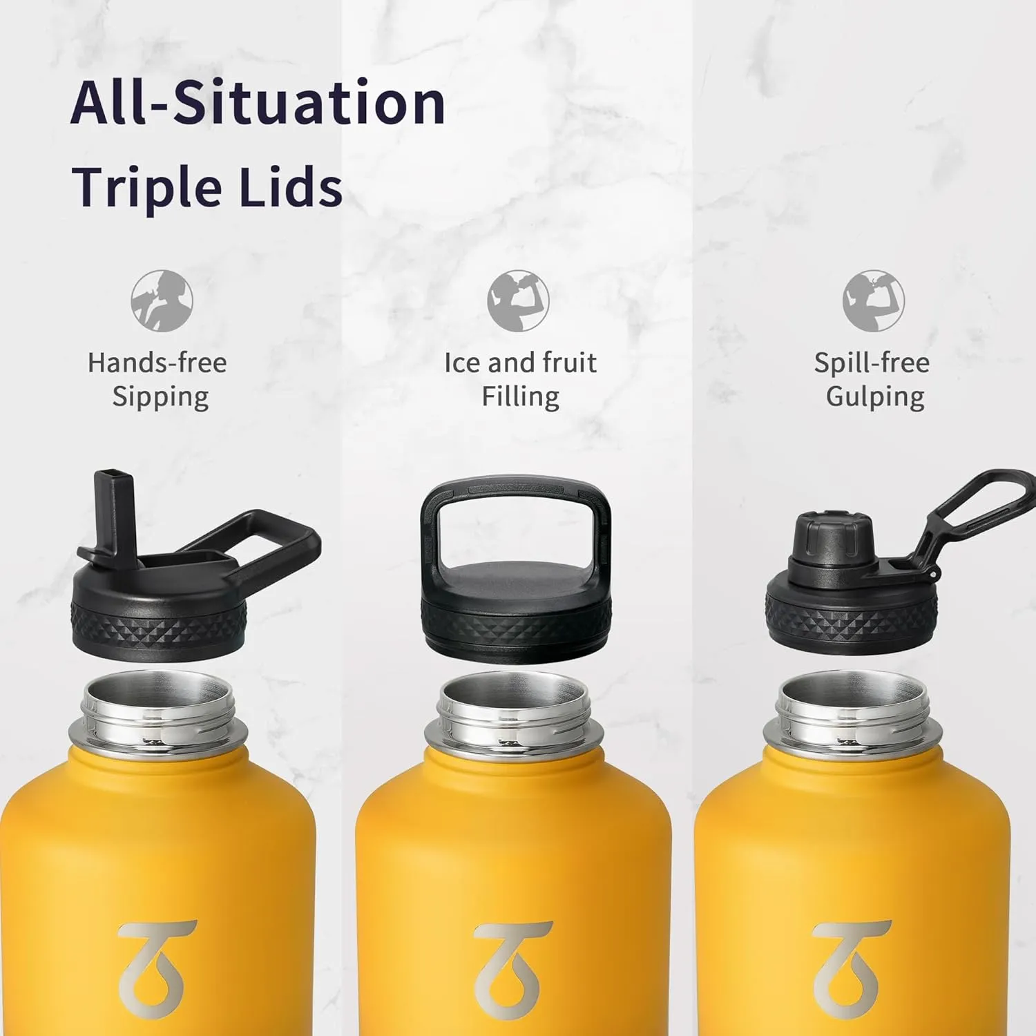 Trebo Insulated Water Bottle 64 oz, Half Gallon Metal Vacuum Water Jug with Paracord Handle and 3 Lids, Leakproof BPA-Free Water Flask Thermos for Gym Sports Hiking Travel, Keep Cold 48 Hours, Orange