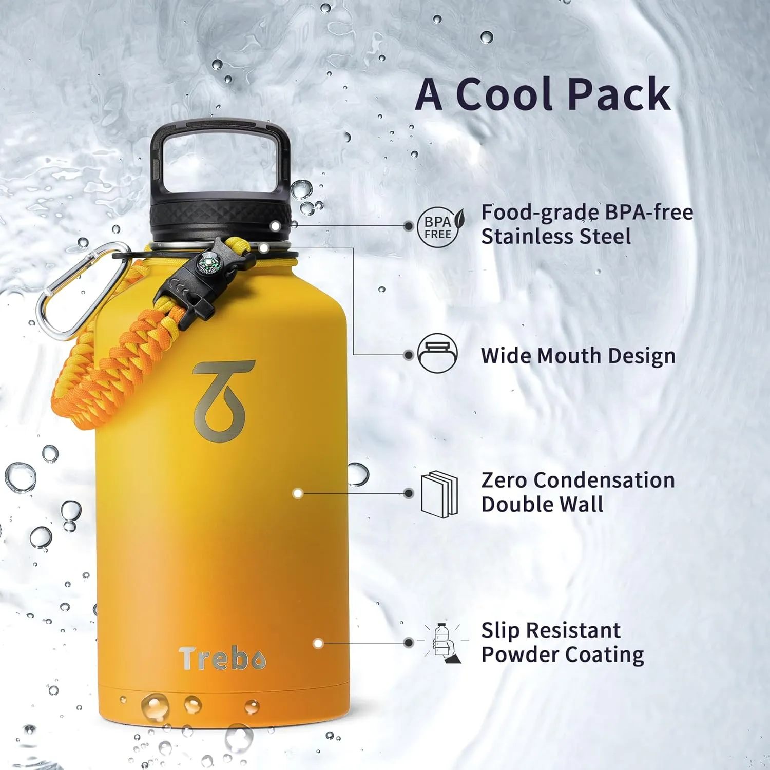 Trebo Insulated Water Bottle 64 oz, Half Gallon Metal Vacuum Water Jug with Paracord Handle and 3 Lids, Leakproof BPA-Free Water Flask Thermos for Gym Sports Hiking Travel, Keep Cold 48 Hours, Orange