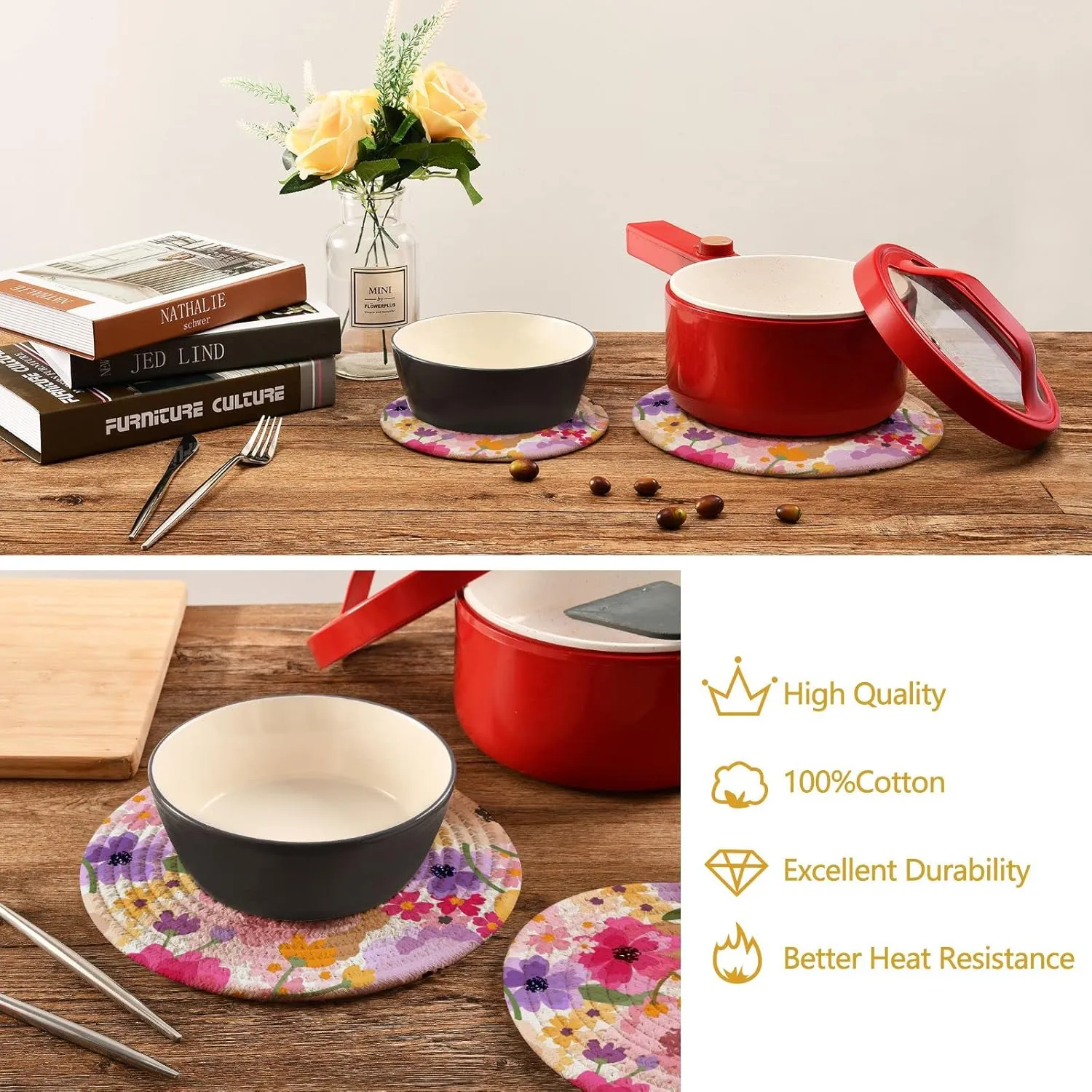 Trivets for Hot Dishes, Pots and Pans Potholders Woven Trivet Cotton Round Large Pot Holder Decor Heat Resistant Hot Pads Mat for Table Counter Cooking Potholder Set of 2 (7in   9in) Floral