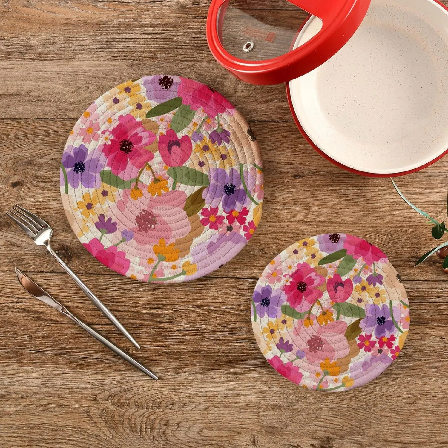 Trivets for Hot Dishes, Pots and Pans Potholders Woven Trivet Cotton Round Large Pot Holder Decor Heat Resistant Hot Pads Mat for Table Counter Cooking Potholder Set of 2 (7in   9in) Floral