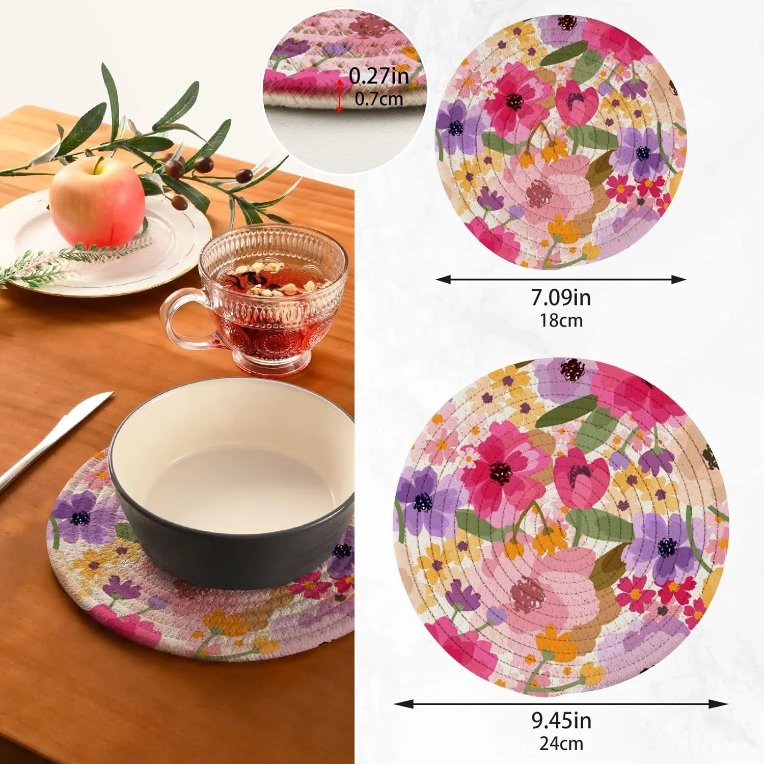 Trivets for Hot Dishes, Pots and Pans Potholders Woven Trivet Cotton Round Large Pot Holder Decor Heat Resistant Hot Pads Mat for Table Counter Cooking Potholder Set of 2 (7in   9in) Floral