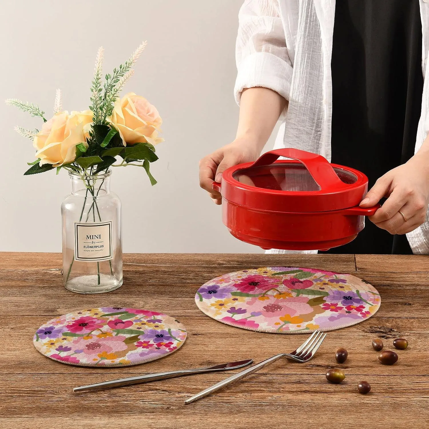 Trivets for Hot Dishes, Pots and Pans Potholders Woven Trivet Cotton Round Large Pot Holder Decor Heat Resistant Hot Pads Mat for Table Counter Cooking Potholder Set of 2 (7in   9in) Floral