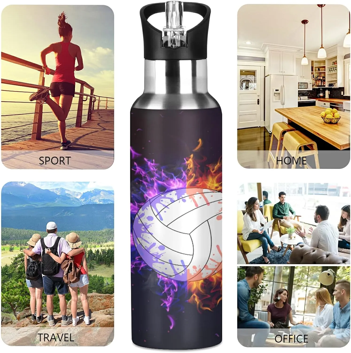 TropicalLife Sport Volleyball Galaxy Sports Water Bottle Insulated with Straw, Vacuum Stainless Steel Drinking Bottle Flask Thermo Leakproof for Outdoor Gym Travel Women Men Girls Boys 20oz