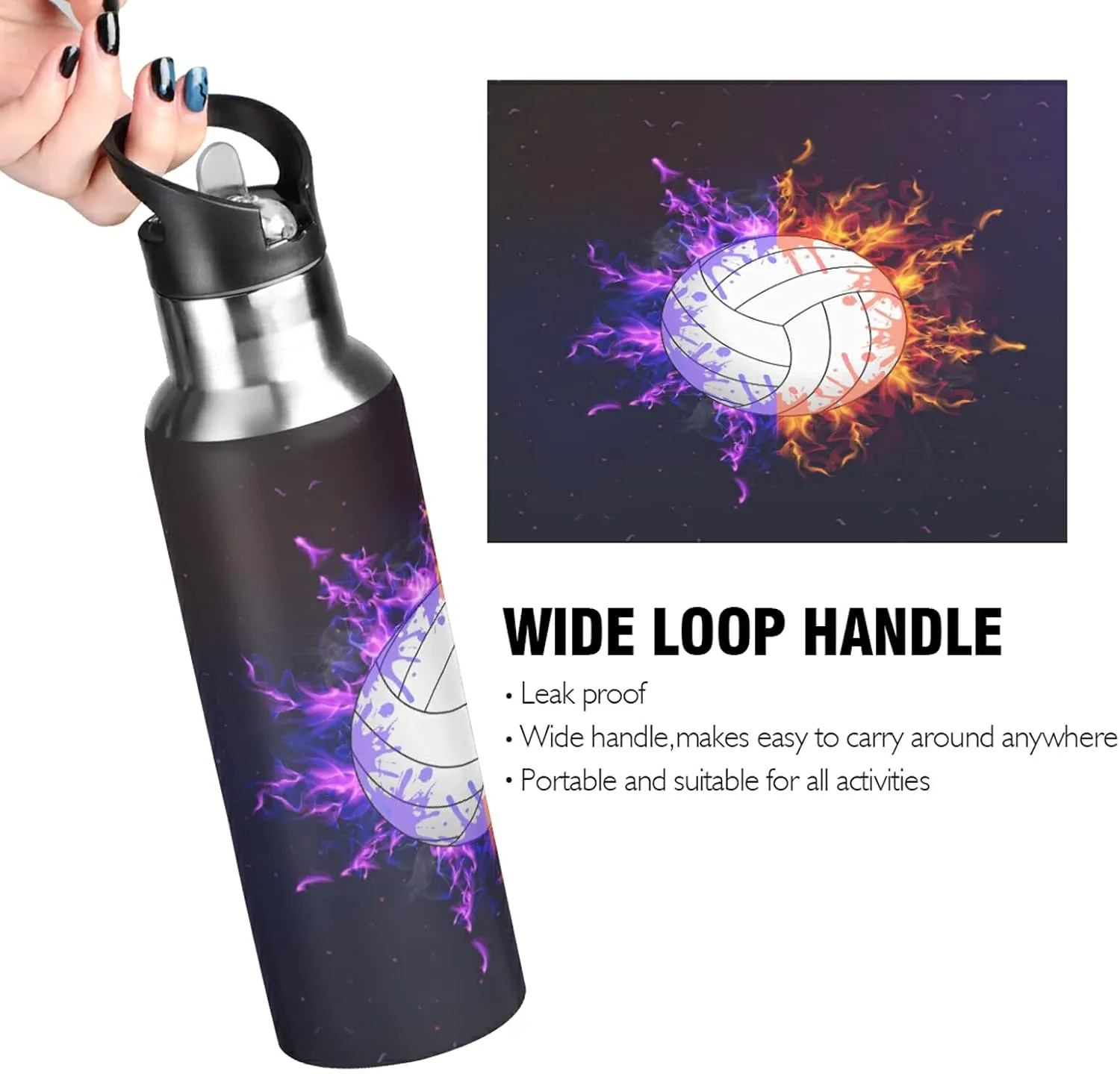 TropicalLife Sport Volleyball Galaxy Sports Water Bottle Insulated with Straw, Vacuum Stainless Steel Drinking Bottle Flask Thermo Leakproof for Outdoor Gym Travel Women Men Girls Boys 20oz