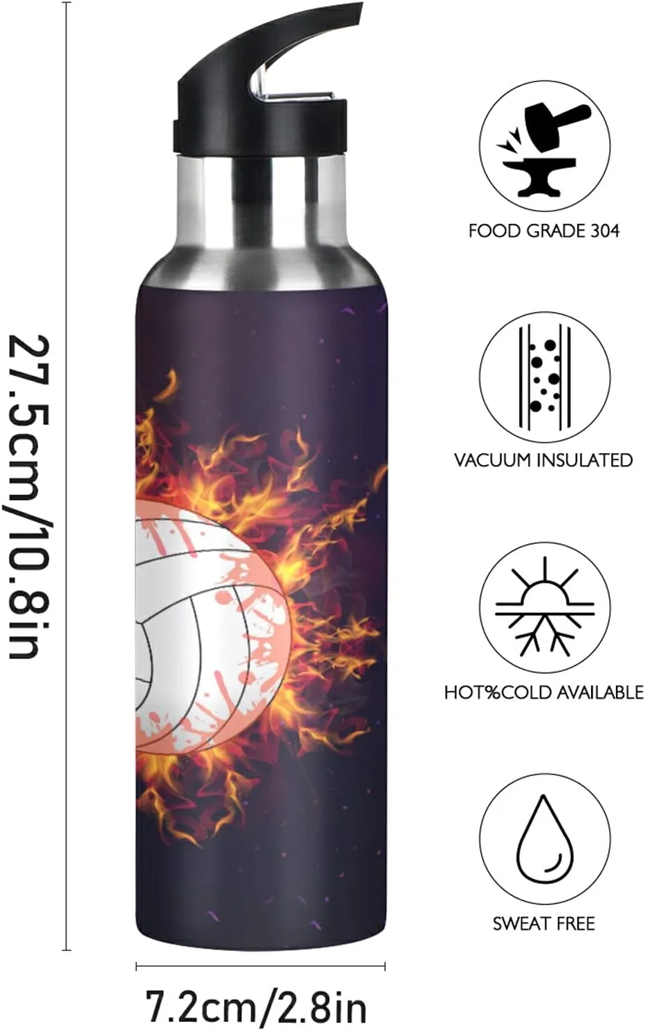 TropicalLife Sport Volleyball Galaxy Sports Water Bottle Insulated with Straw, Vacuum Stainless Steel Drinking Bottle Flask Thermo Leakproof for Outdoor Gym Travel Women Men Girls Boys 20oz