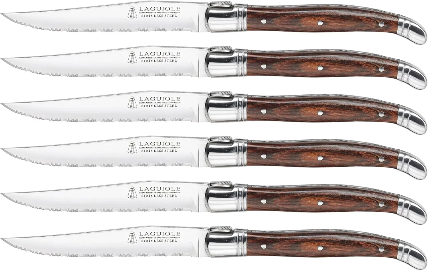 Trudeau Laguiole Steak Knives Set of 6 – Premium Stainless Steel Serrated Blades with Pakkawood Handles – Dishwasher Safe Steak Knife Set for Dinner, BBQ, or Gifting – Rustic Elegant Design